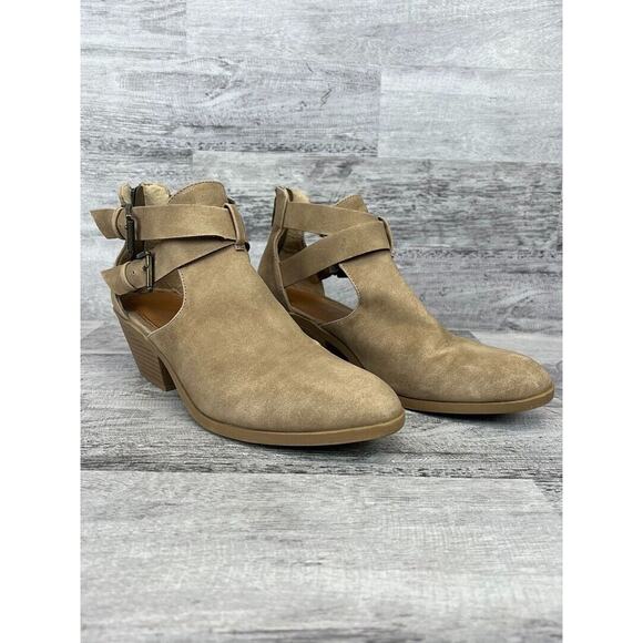 Tan Suede Sugar Womens Ankle Boots Size 8.5 With Buckle Straps & Back Zipper - Picture 1 of 8
